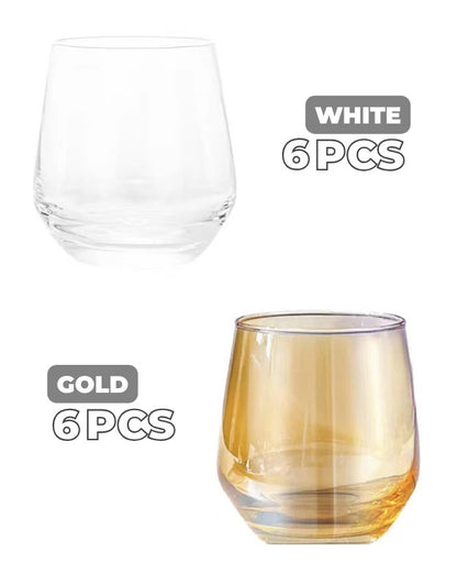 Two glasses, one clear and one gold, with labels indicating quantity and color on a white background. Set of six whiskey glasses in clear and gold colors.