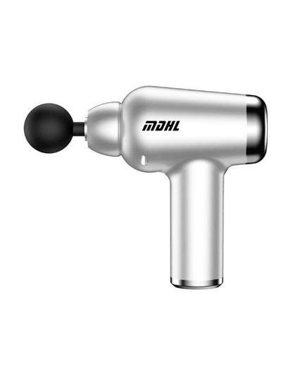 White massage gun side view with round attachment.