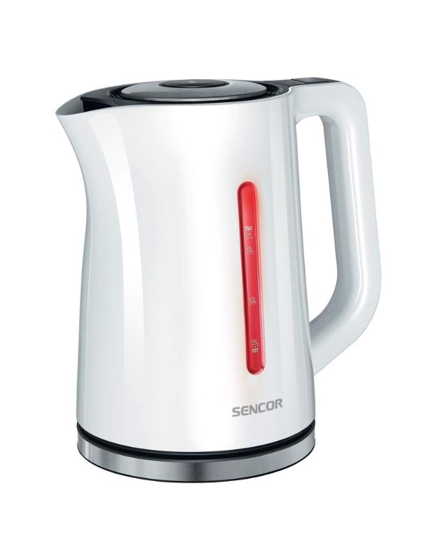 A white Sencor electric kettle with a digital temperature control display.
