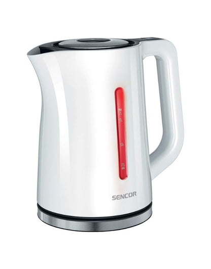 A white Sencor electric kettle with a digital temperature control display.