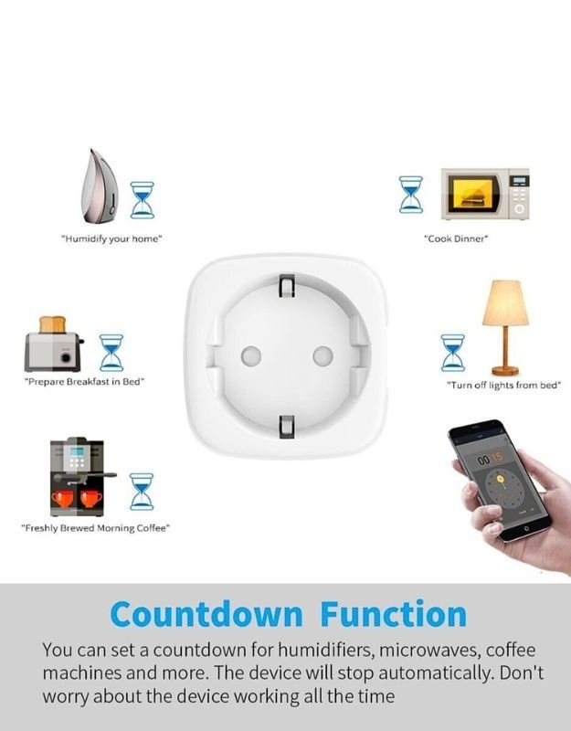 Smart WiFi plug countdown function for lights, appliances and coffee makers.