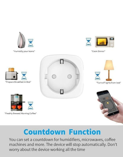 Smart WiFi plug countdown function for lights, appliances and coffee makers.