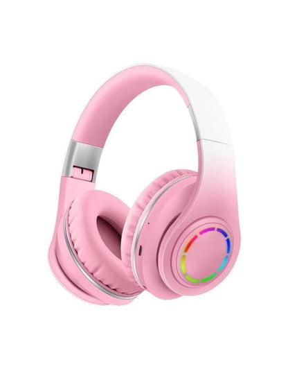 A pair of purple wireless headphones with multicolored LED lights on the ear cups.