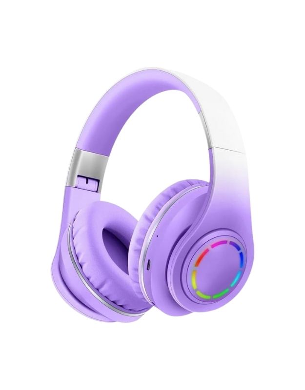 Wireless over-ear Bluetooth headphones 5.0 with LED design in purple color.