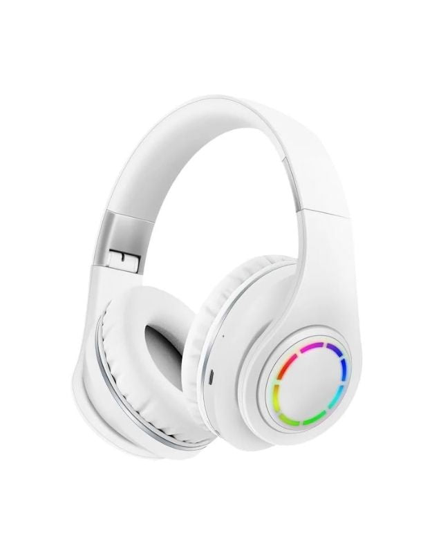 A pair of purple wireless headphones with multicolored LED lights on the earcups.