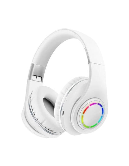 A pair of purple wireless headphones with multicolored LED lights on the earcups.