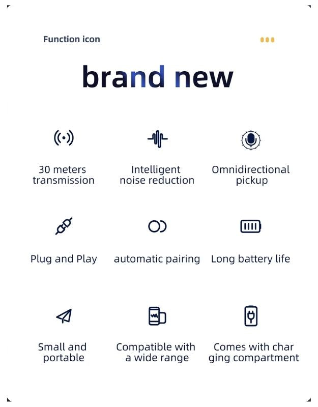 Wireless lavalier microphone features including noise reduction, plug and play, and long battery life.