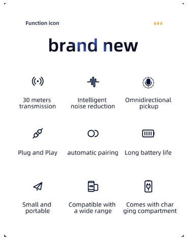 Wireless lavalier microphone features including noise reduction, plug and play, and long battery life.