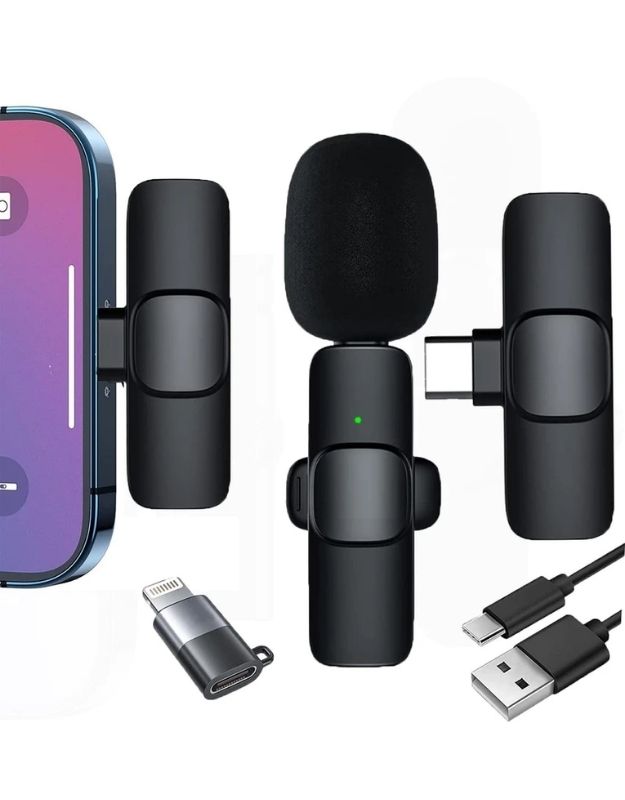 Wireless microphone connected to smartphone with USB-C and Lightning adapters included.