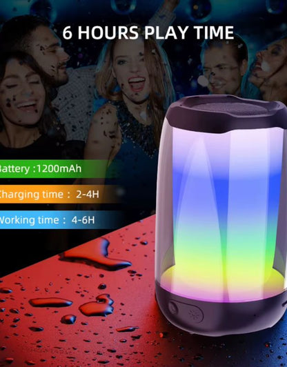 Portable LED wireless speaker with 1200mAh battery and 6 hours playtime.