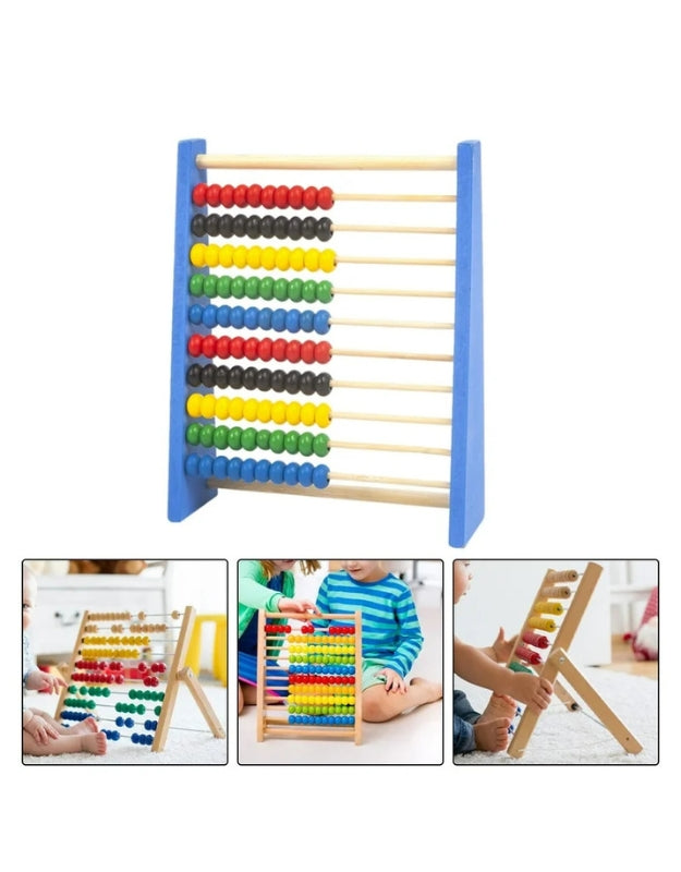 An angled product shot of the wooden counting frame abacus on a white background, highlighting its sturdy wooden frame and colorful beads.