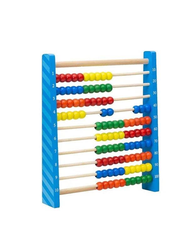 An overhead shot of the 10-row wooden abacus, showing all 100 colorful beads neatly pushed to one side.