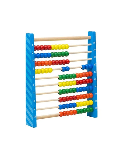 An overhead shot of the 10-row wooden abacus, showing all 100 colorful beads neatly pushed to one side.