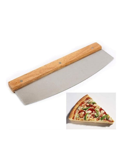 Pizza cutter with wooden handle and metal blade, inset with a slice of pizza on a white background. Rocker style pizza cutter with wooden handle and stainless steel blade.