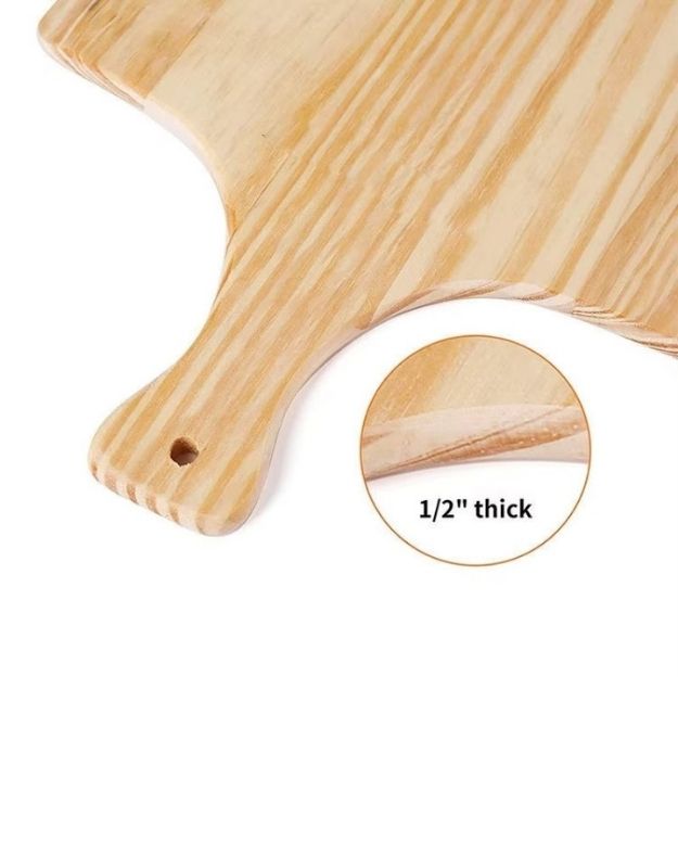 Wooden pizza peel with a close-up detail of its thickness on a white background. Close-up of wooden pizza peel showing 1/2 inch thickness and handle detail.
