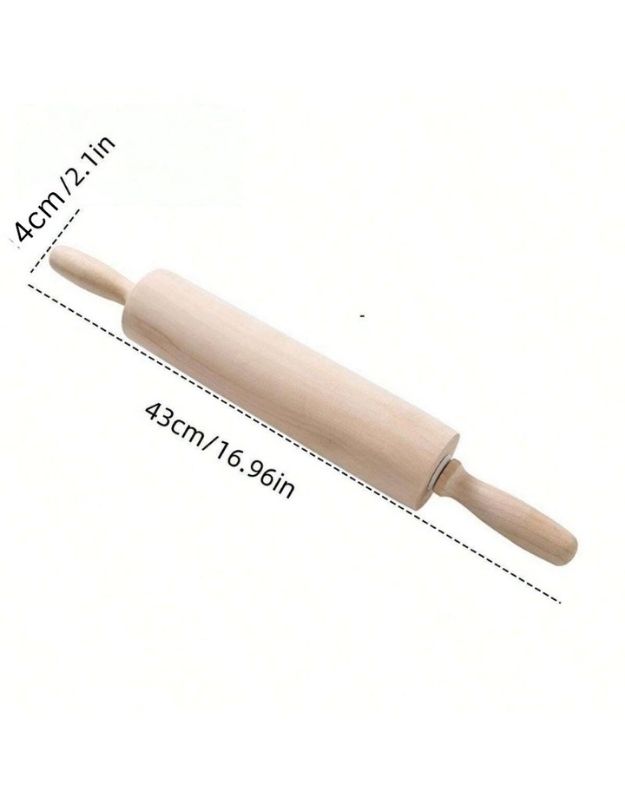 Wooden rolling pin with measurements on a white background. Wooden rolling pin with handles, 43 cm long and 4 cm diameter, kitchen baking tool.
