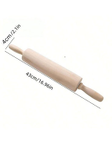 Wooden rolling pin with measurements on a white background. Wooden rolling pin with handles, 43 cm long and 4 cm diameter, kitchen baking tool.
