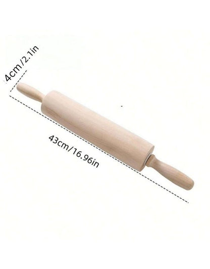 Wooden rolling pin with measurements on a white background. Wooden rolling pin with handles, 43 cm long and 4 cm diameter, kitchen baking tool.