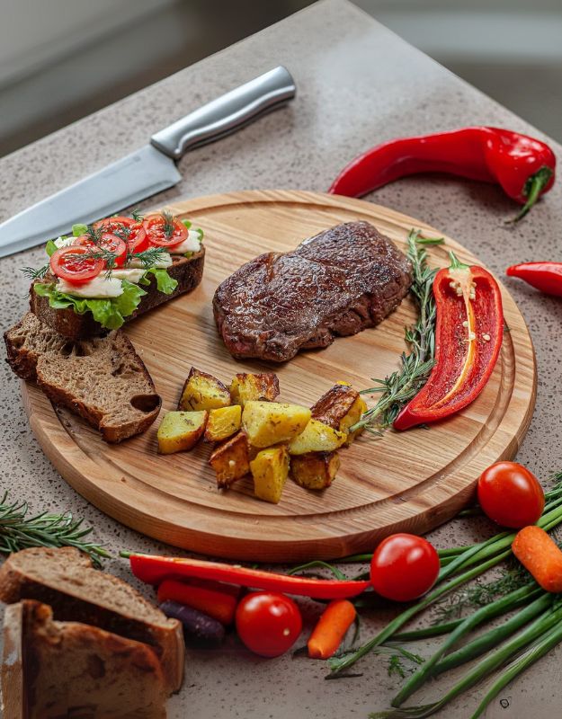 A round bamboo cutting board displayed with food items such as sliced vegetables, a steak, and potatoes, arranged neatly on and around it. A knife and whole vegetables are also visible, contributing to the culinary presentation.