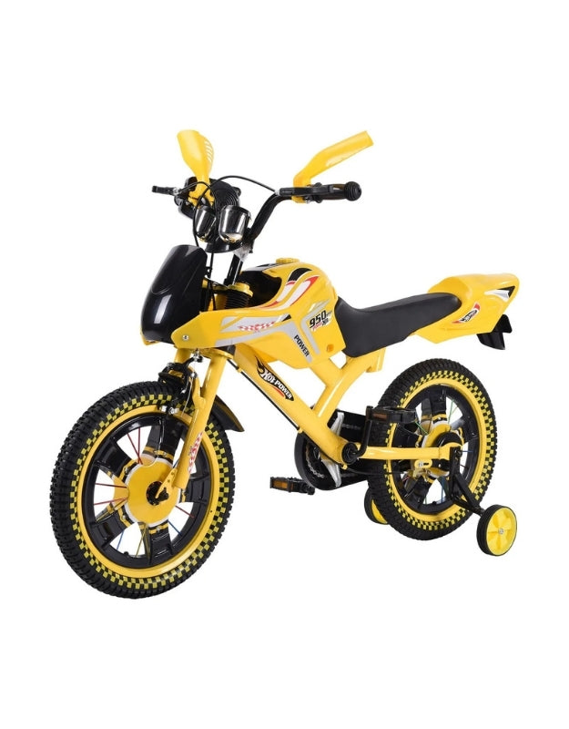 Front angled view of XB-349 16-inch yellow kids’ bicycle with motorcycle-style headlamp, training wheels, and sporty black-yellow rims