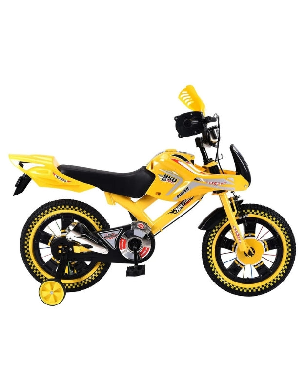 Yellow XB-349 16-inch children’s sports bicycle with motorcycle-inspired design, training wheels, and racing decals.